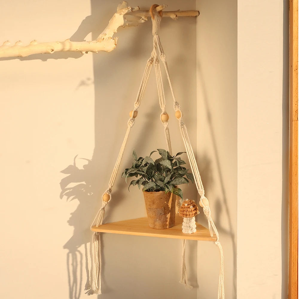 Macrame Corner Wall Shelf – Wooden Floating Shelf for Plants & Decor