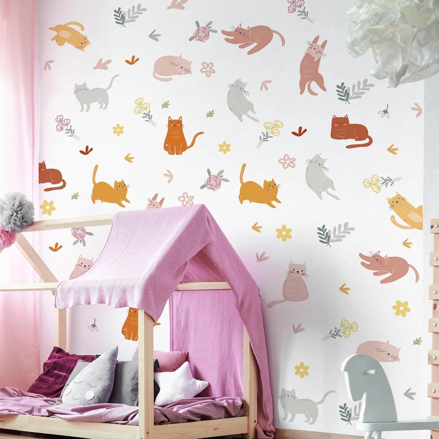 Boho Watercolor Cat & Flower Wall Decals for Kids Room