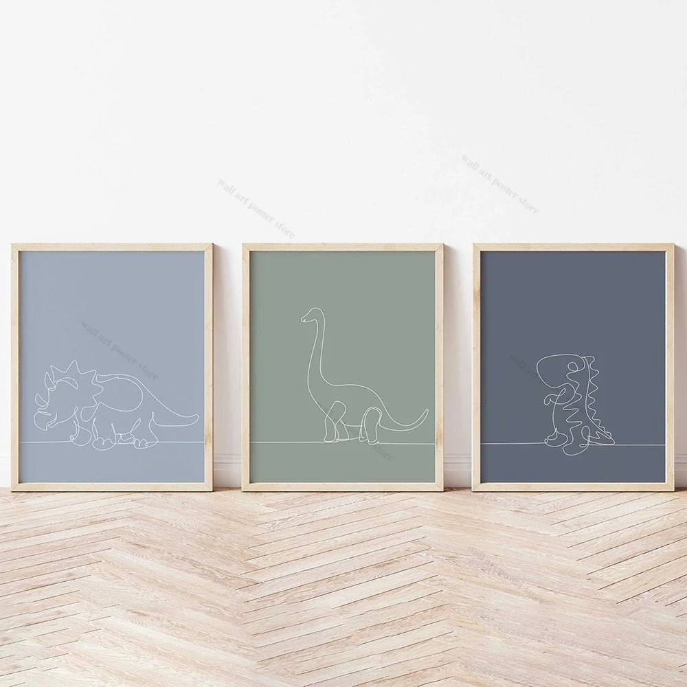 Dinosaur Line Art Prints – Minimalist Jurassic Nursery Wall Art Set