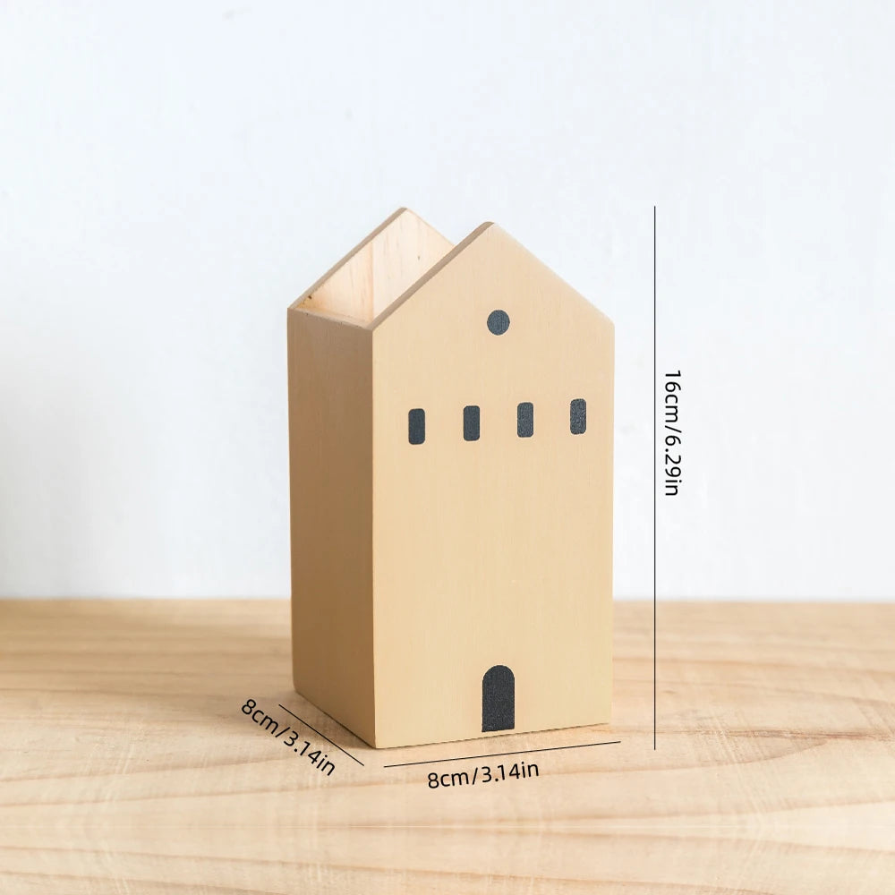 Cartoon House Pencil Holder – Wooden Desk Organizer & Room Decor