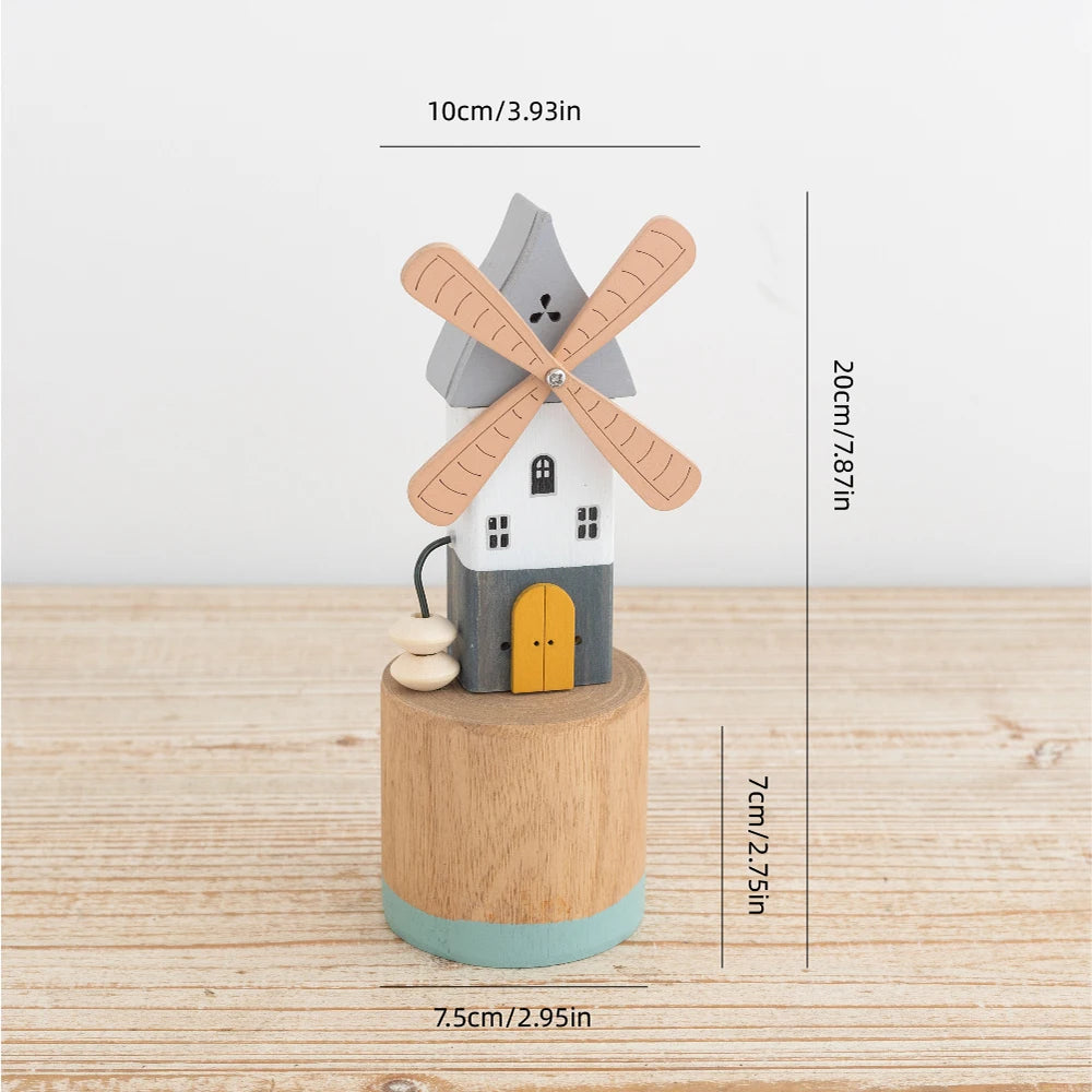 Wooden Windmill Figurine Decor – Rotating Rustic Desktop Ornament Gift