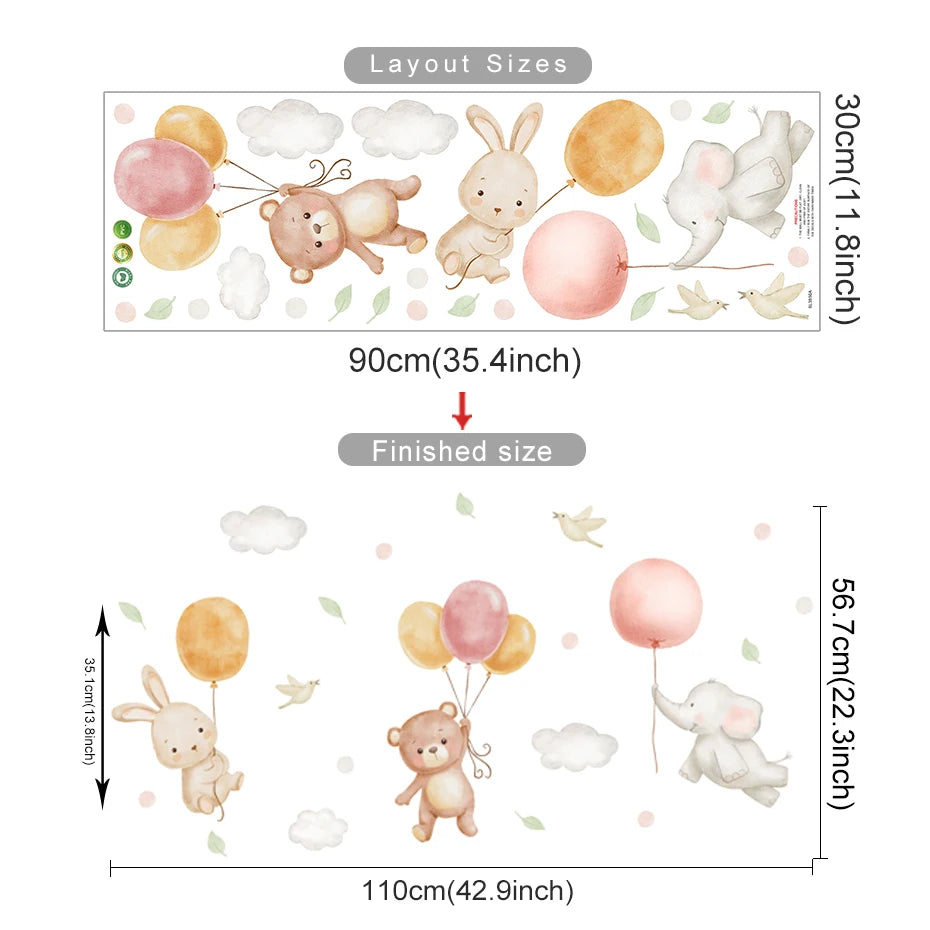 Watercolor Bear & Rabbit Balloon Wall Decals