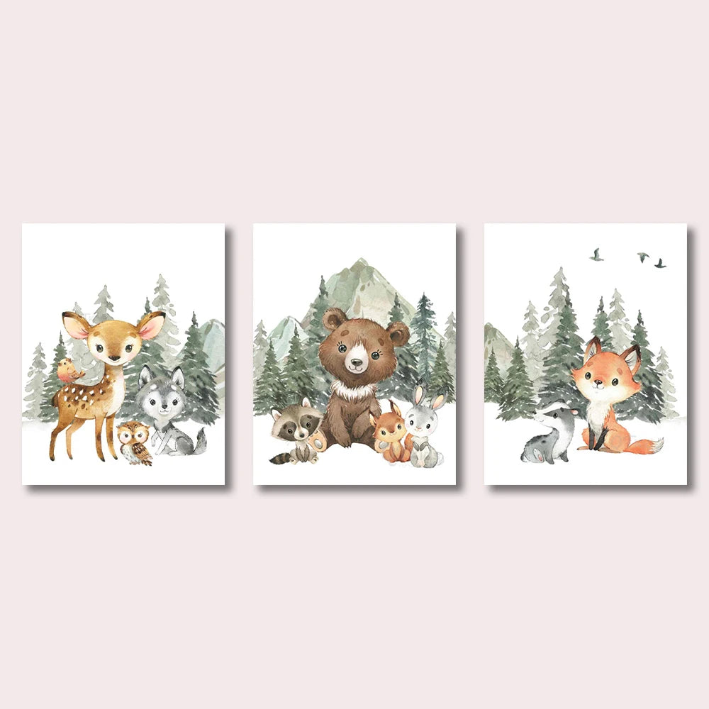 3-Piece Woodland Animal Wall Art Set – Gender Neutral Nursery Prints