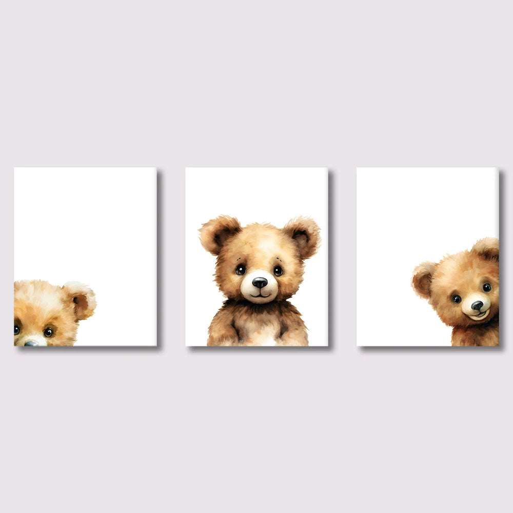 3-Piece Peeking Bear Nursery Wall Art Set β Woodland Animal Prints