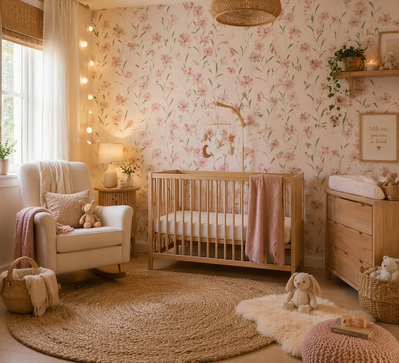 Pink Floral Peel & Stick Wallpaper – Daisy & Green Leaf Nursery Décor