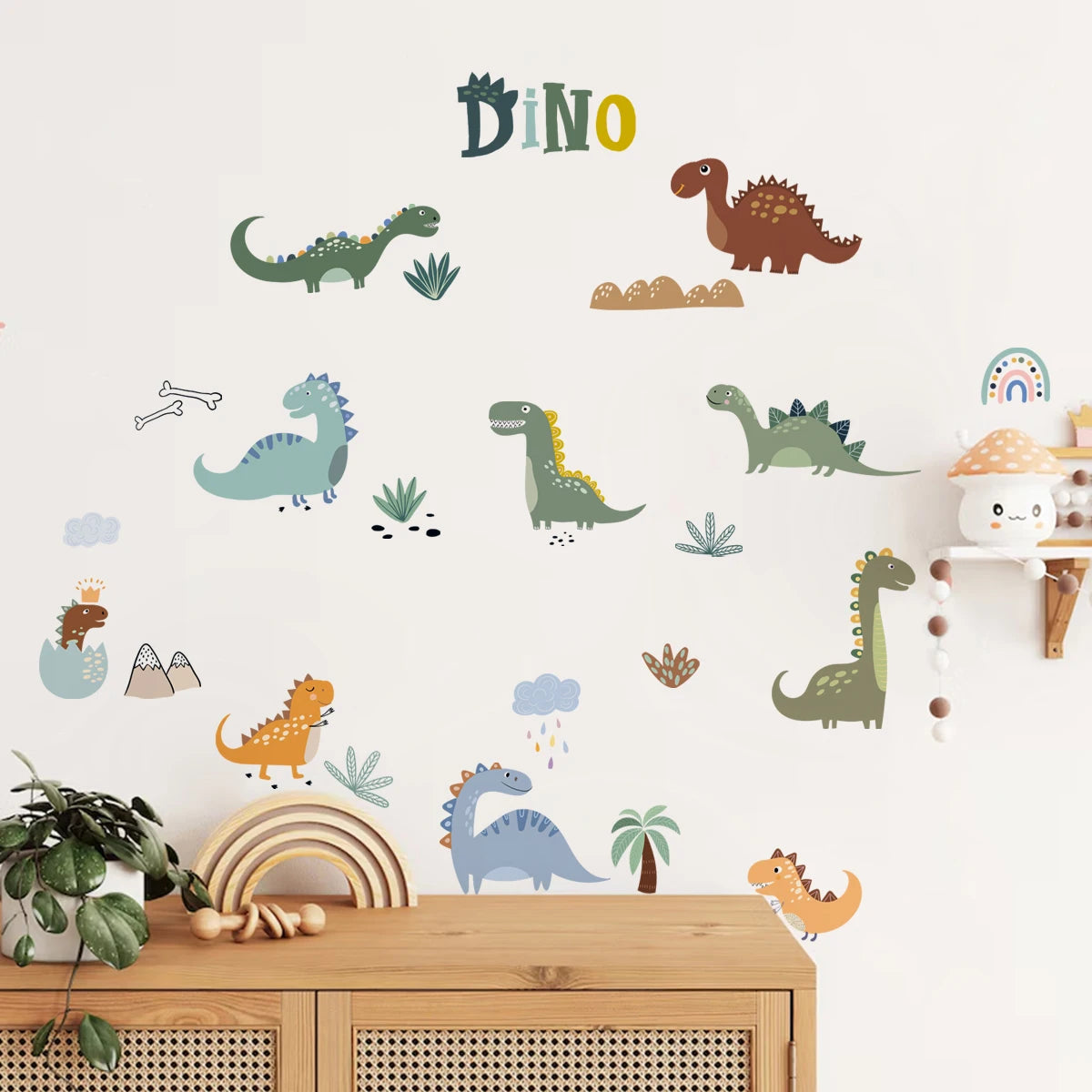 Cute Dinosaur & Rainbow Wall Decals for Kids Room