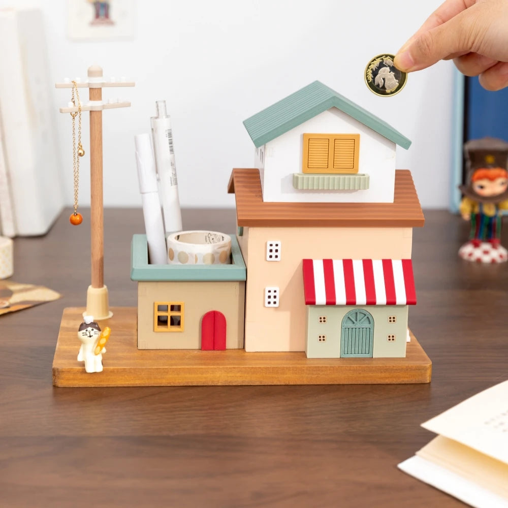 Mini Town Savings Bank & Storage Organizer – Decorative Desk Décor Box