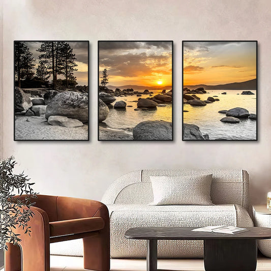 3PCS Sunset Beach Canvas Wall Art – Frameless Coastal Home Decor