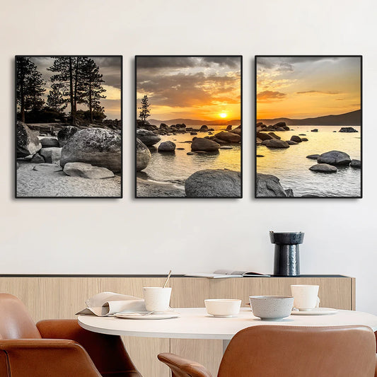 3PCS Sunset Beach Canvas Wall Art – Frameless Coastal Home Decor