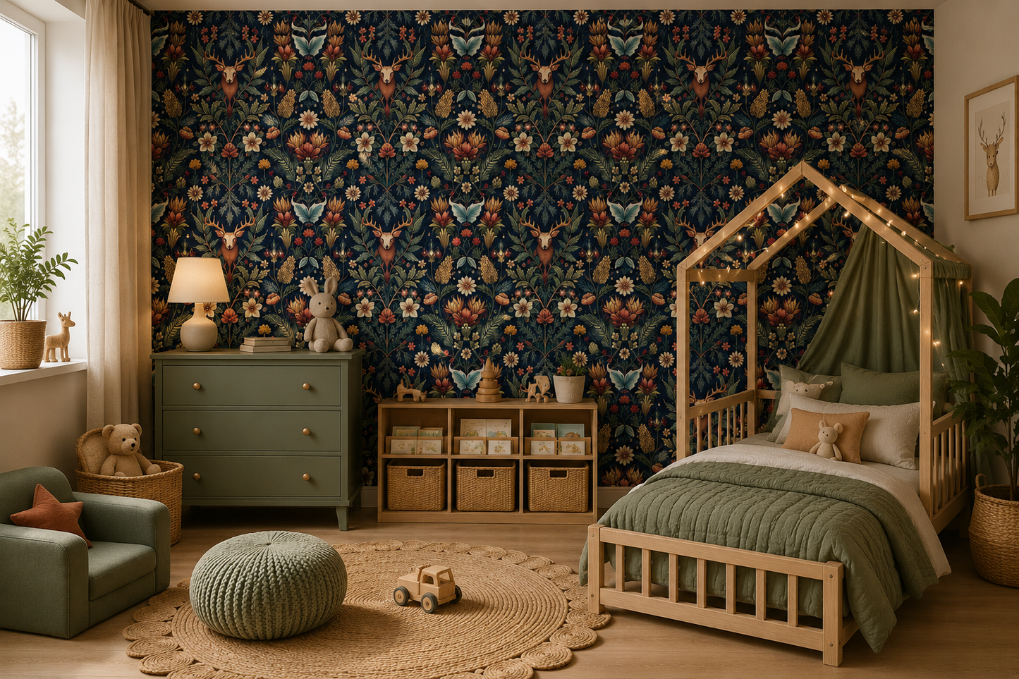 Deer & Forest Leaf Peel & Stick Wallpaper – Removable Nature-Inspired Wall Décor