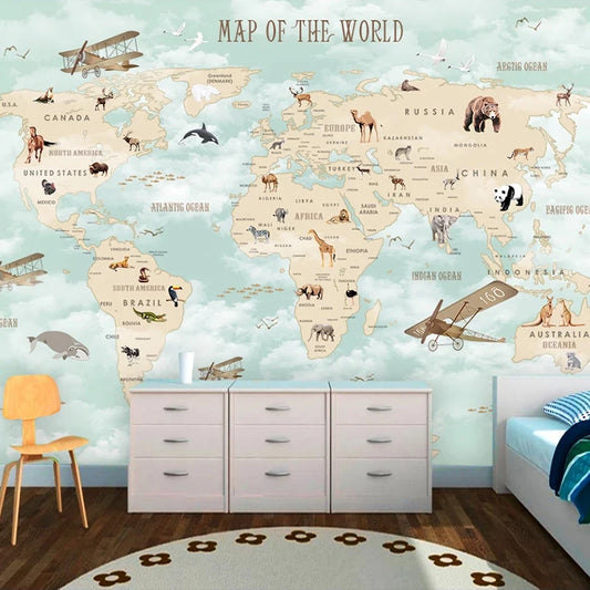 Custom Cartoon Animal World Map Mural – 3D Kids Wall Wallpaper