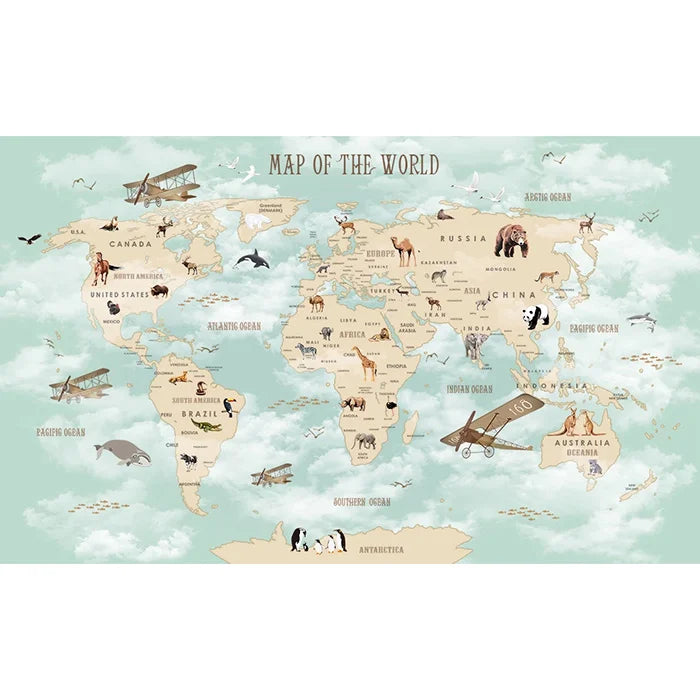 Custom Cartoon Animal World Map Mural – 3D Kids Wall Wallpaper