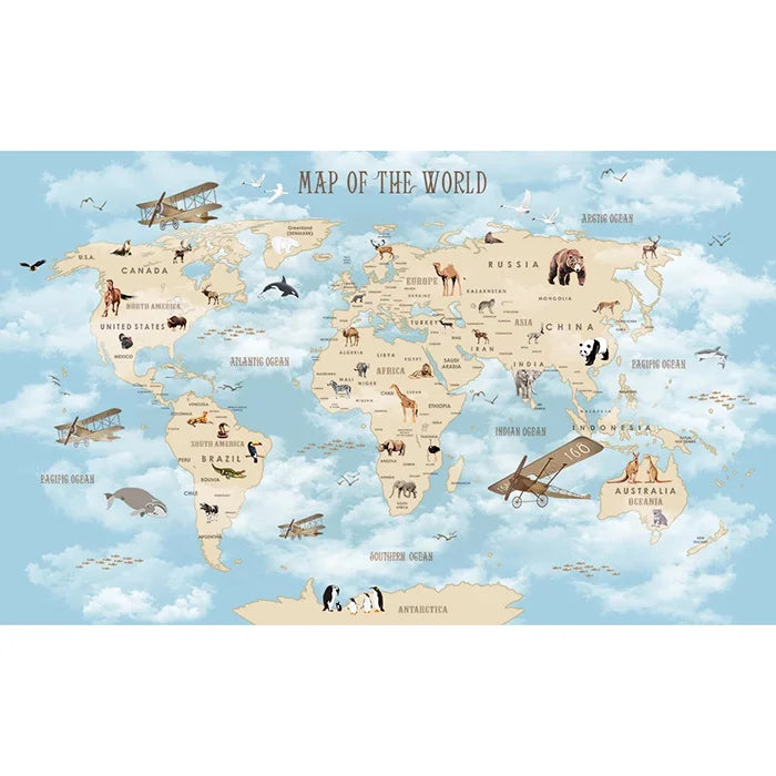 Custom Cartoon Animal World Map Mural – 3D Kids Wall Wallpaper