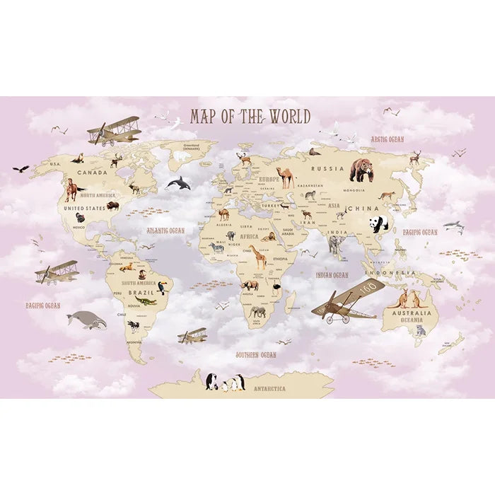 Custom Cartoon Animal World Map Mural – 3D Kids Wall Wallpaper