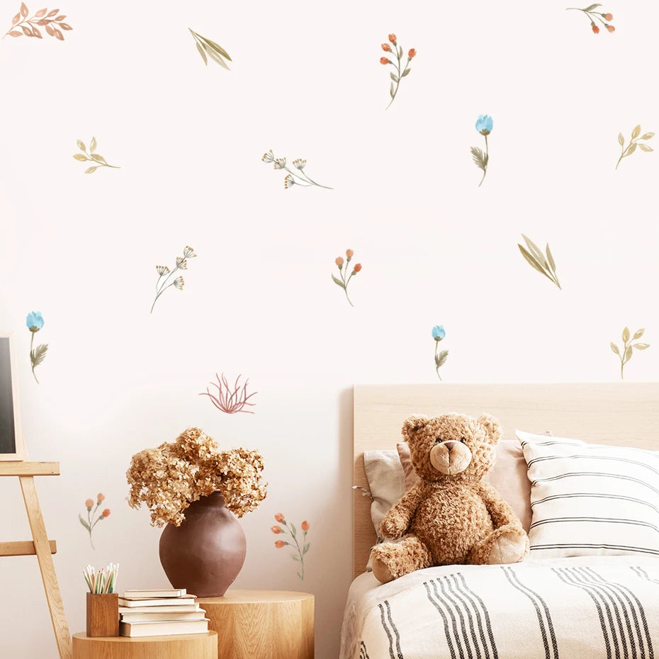 Boho Watercolor Leaves & Flowers Wall Decals for Nursery & Kids Room