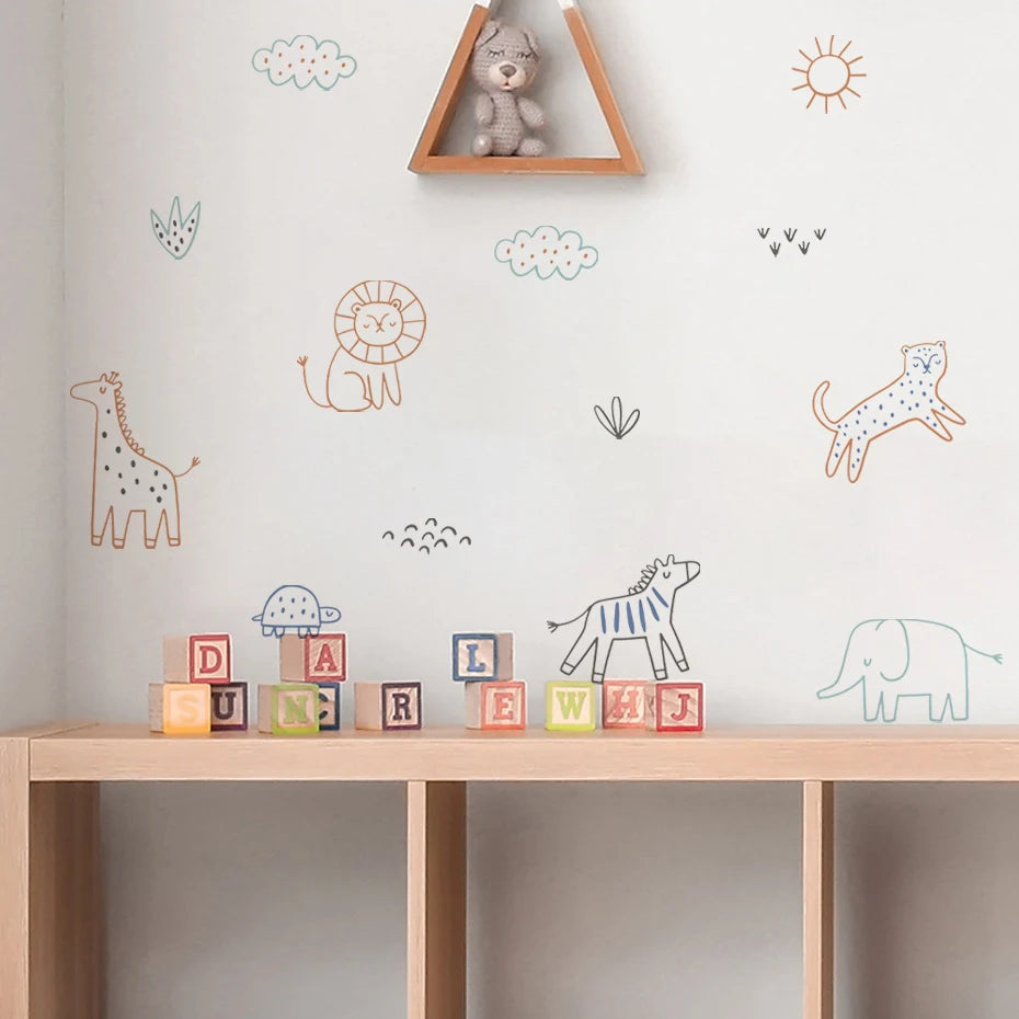 Cartoon Line Animals Wall Decal – Watercolor Kids Room Decor