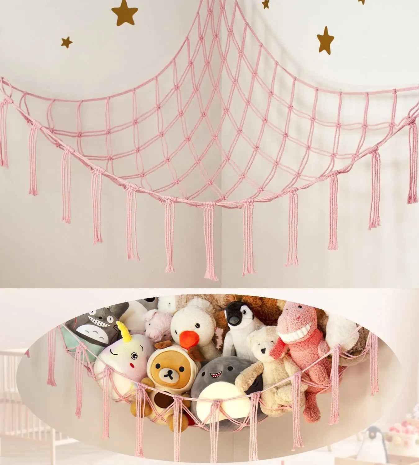 Boho Stuffed Animal Net Hammock – Macrame Corner Toy Storage Organizer