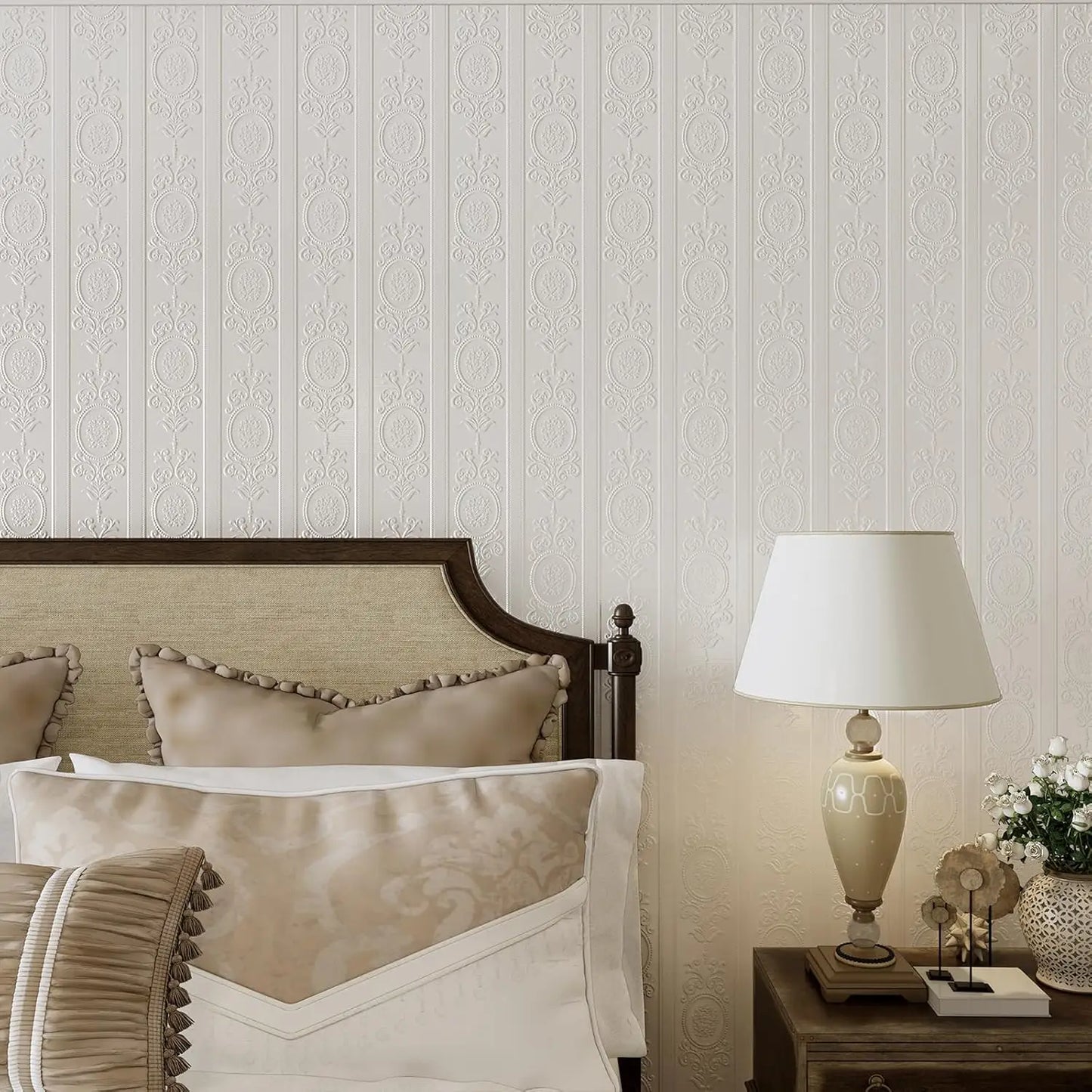 3D White Embossed Peel & Stick Wallpaper – Modern Damask Floral Wall Décor