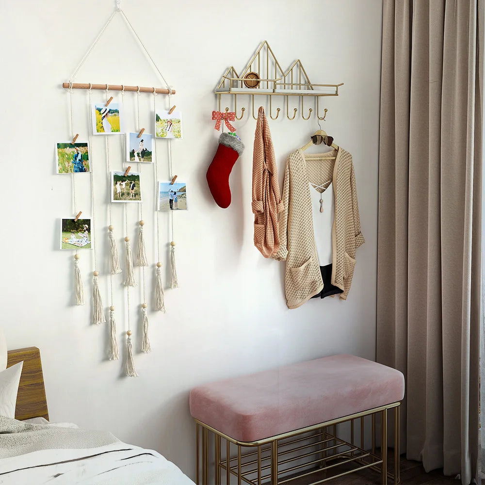 Boho Macrame Photo Display Wall Hanging – Picture Collage Board with Lights & Clips