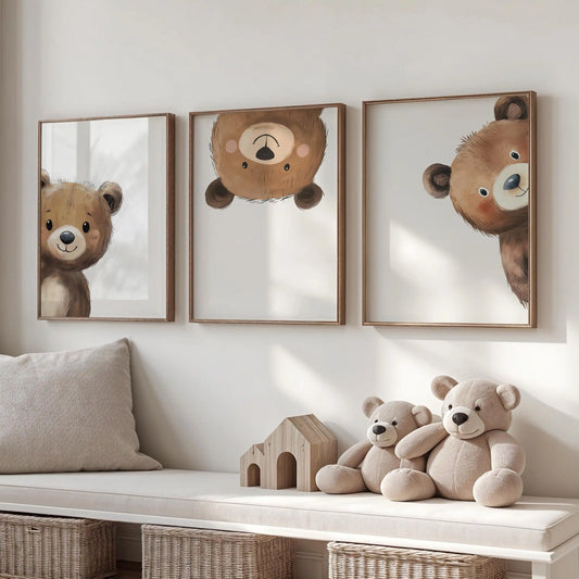 3-Piece Peeking Bear Nursery Wall Art Set – Woodland Animal Prints