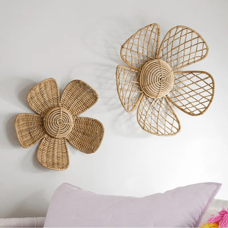 Nordic Rattan Daisy Wall Décor – Handmade Boho Woven Flower Ornament