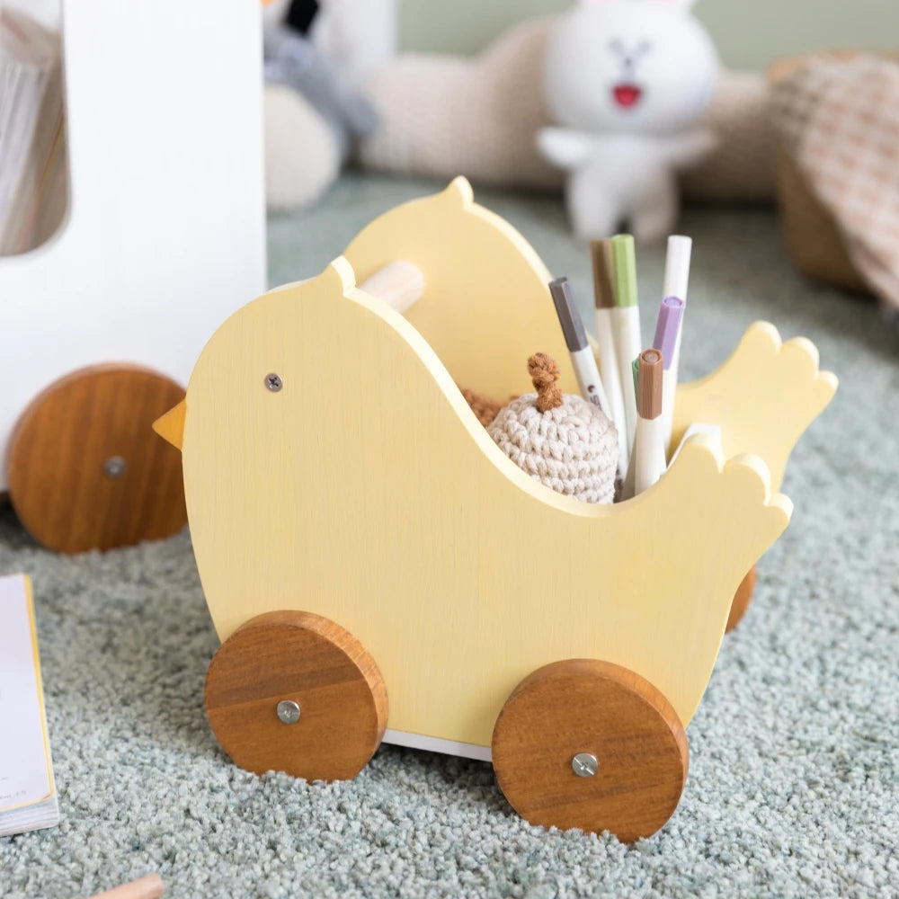 Wooden Animal Storage Cart – Cute Duck & Chick Organizer for Kids Room Decor