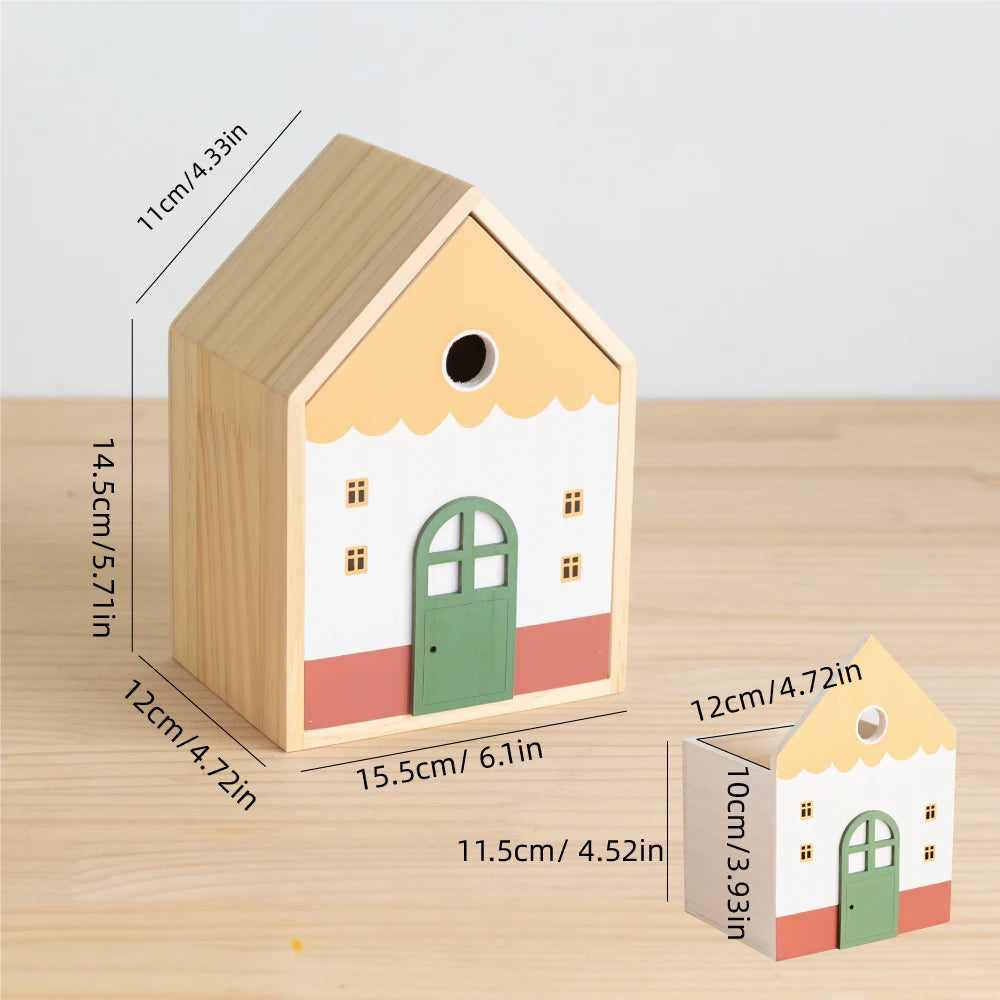 Wooden House Tissue Box & Storage Organizer – Double Layer Desk & Living Room Décor