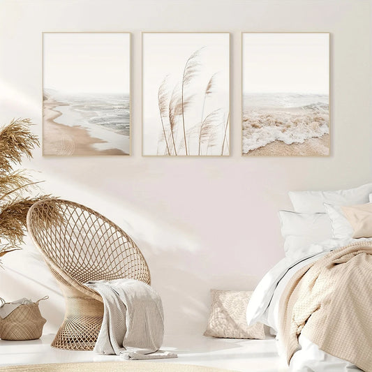 3-Piece White Seascape Canvas Wall Art – Nordic Coastal Pampas Prints