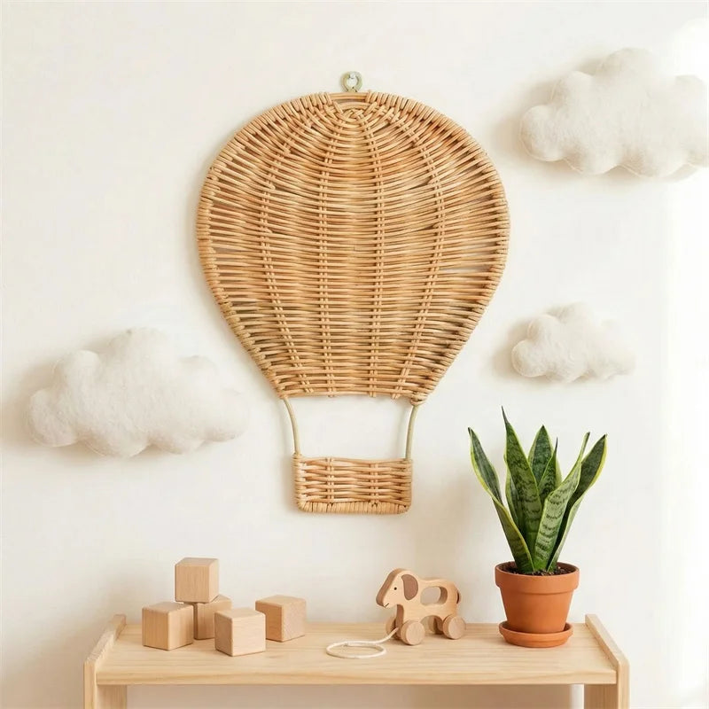 Handwoven Rattan Hot Air Balloon Wall Décor – Boho Nursery Hanging Ornament