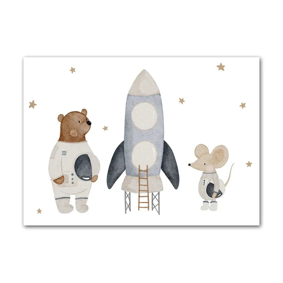 Boho Cartoon Animal Canvas Wall Art – Bear, Panda & Mouse Nursery Prints