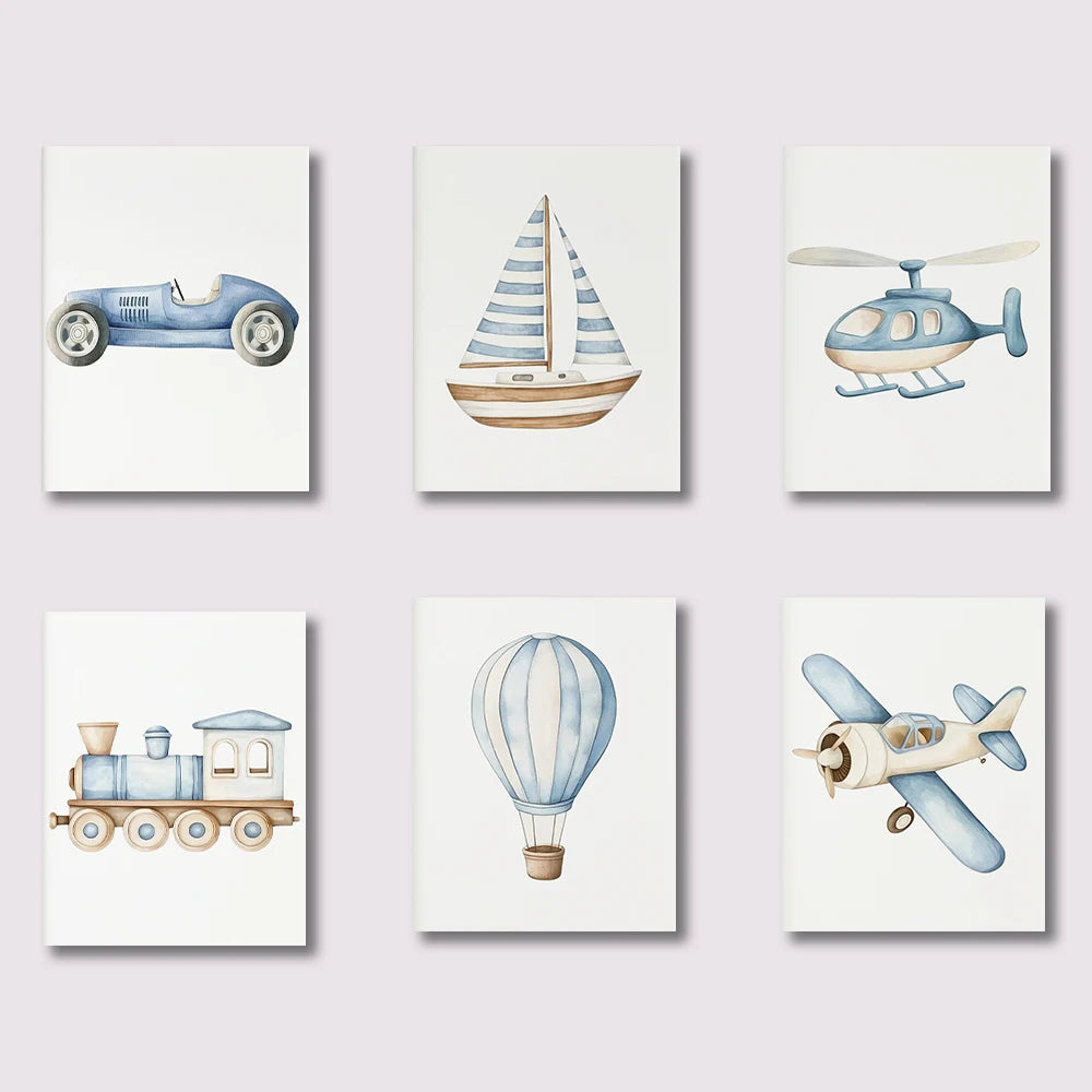 6-Piece Transportation Nursery Wall Art Set – Car, Plane, Train & More