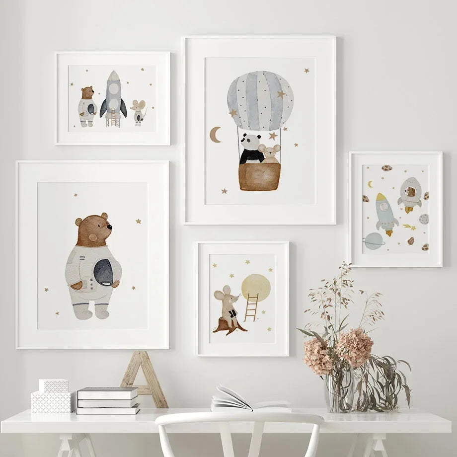 Boho Cartoon Animal Canvas Wall Art – Bear, Panda & Mouse Nursery Prints