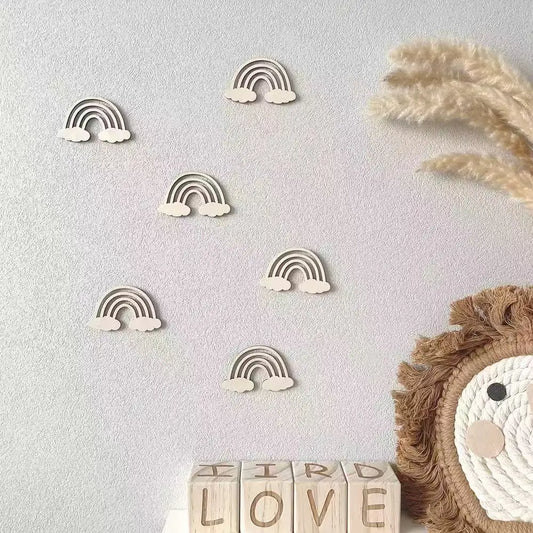 Nordic Wooden Rainbow & Cloud Wall Stickers – 3D Nursery Décor Set