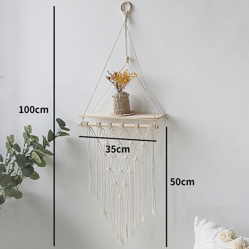 Macrame Wooden Wall Shelf – Decorative Floating Shelf & Plant Holder