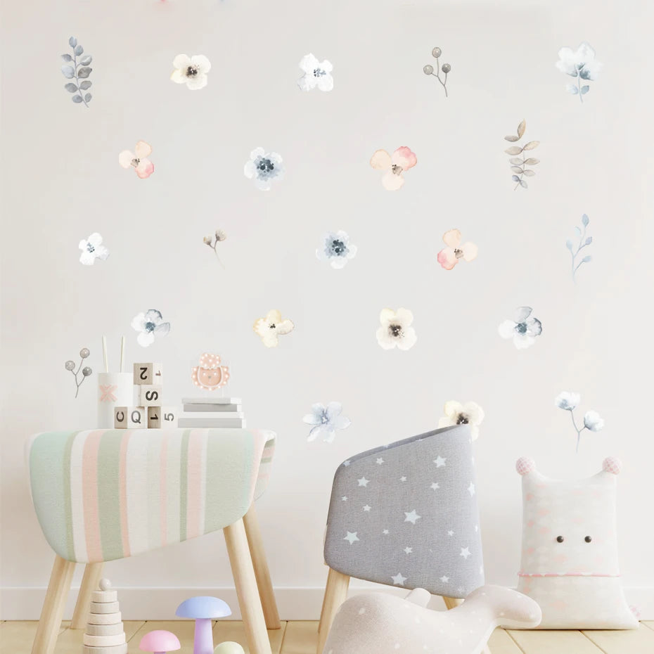 Boho Watercolor Leaves & Flowers Wall Decals for Nursery & Kids Room