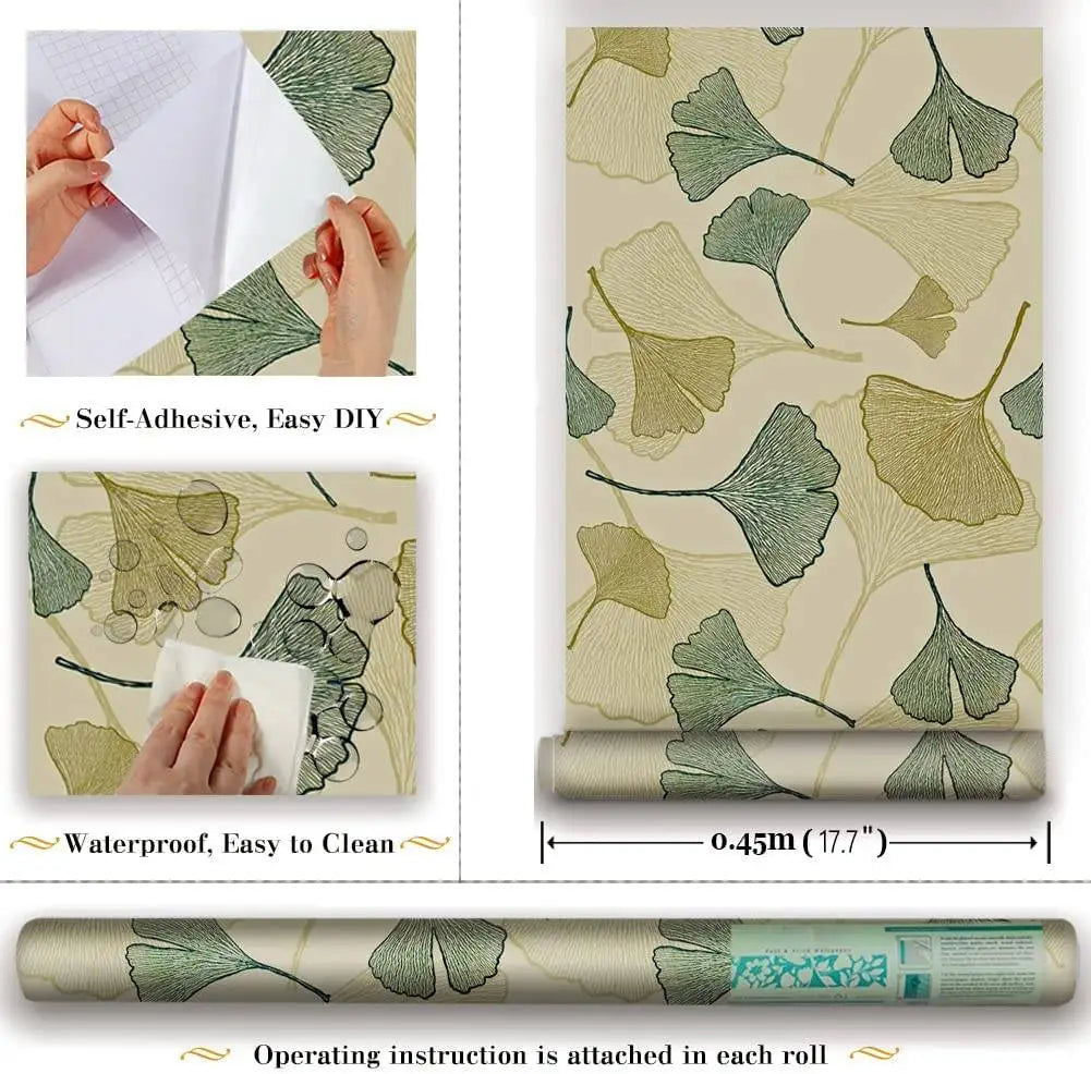 Ginkgo Leaf Peel & Stick Wallpaper – Removable Floral Vinyl Décor for Cabinets & Furniture