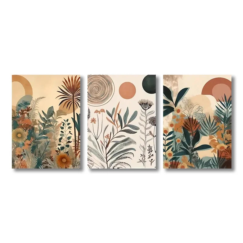 3-Piece Boho Floral Canvas Wall Art – Mid Century Modern Posters
