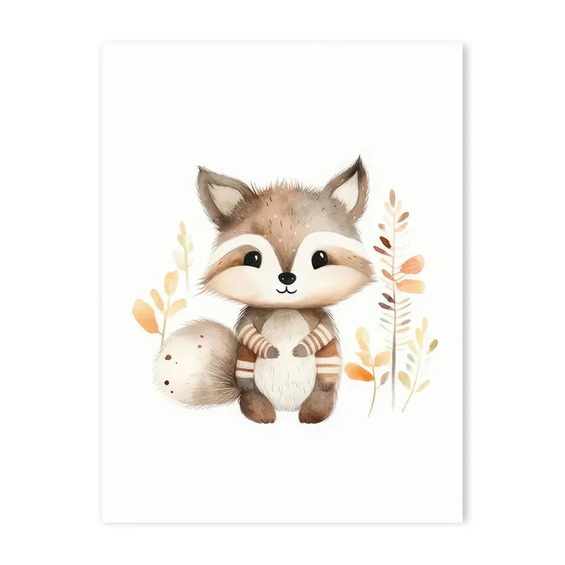 Cartoon Cloud Animal Canvas Wall Art – Cute Raccoon, Fox & Deer Nursery Poster