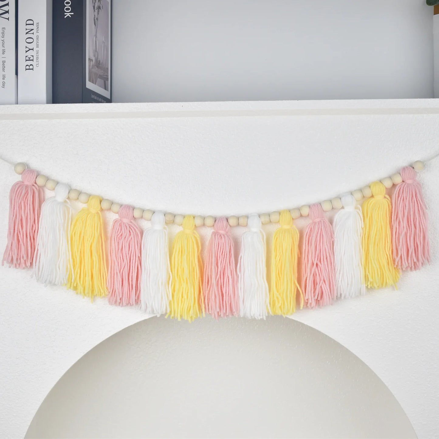 Pink Tassel Garland with Wood Beads – Boho Wall Hanging Nursery Décor