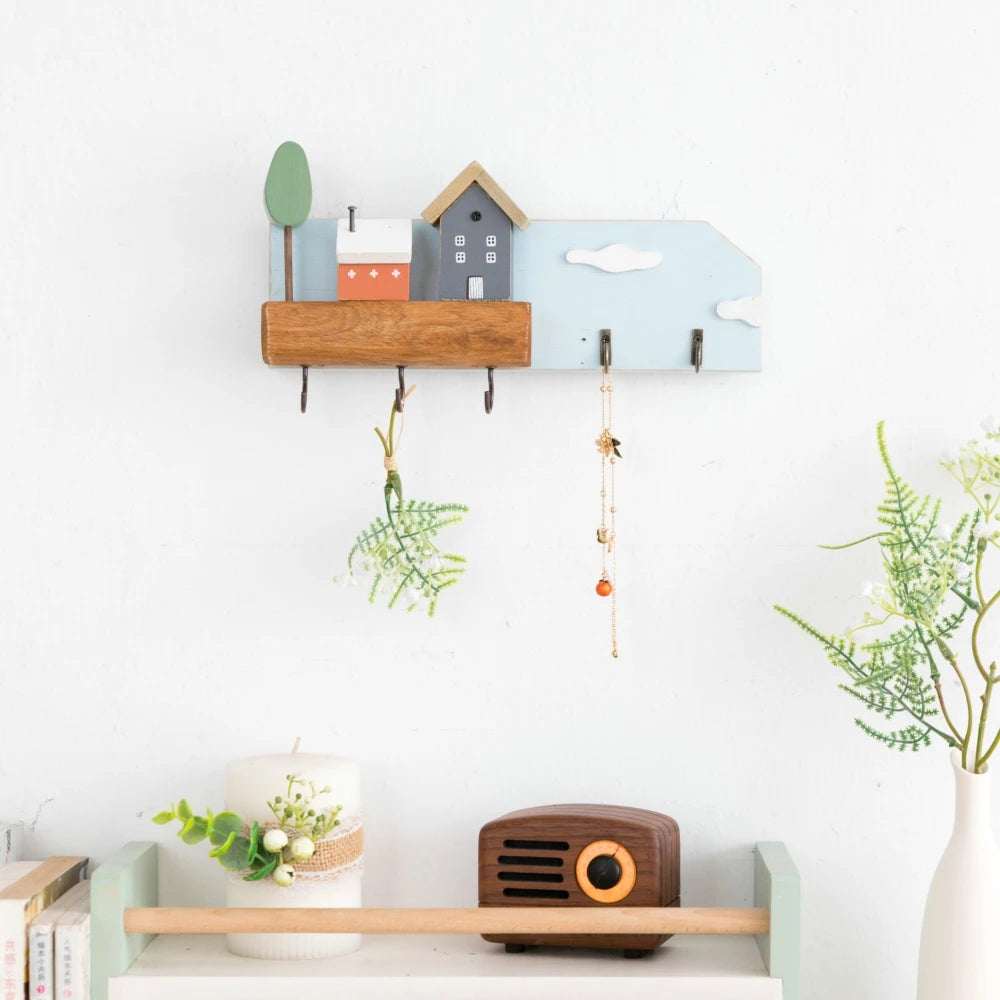 Decorative Wooden Key Hook Shelf – Wall Organizer & Storage Rack
