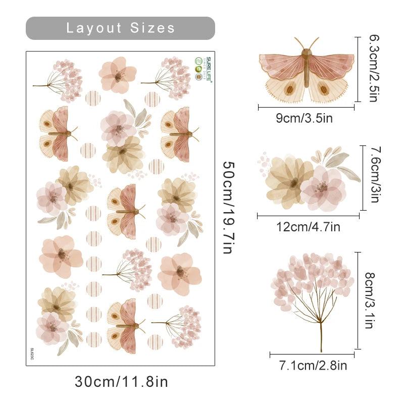 Boho Watercolor Leaves & Flowers Wall Decals for Nursery & Kids Room
