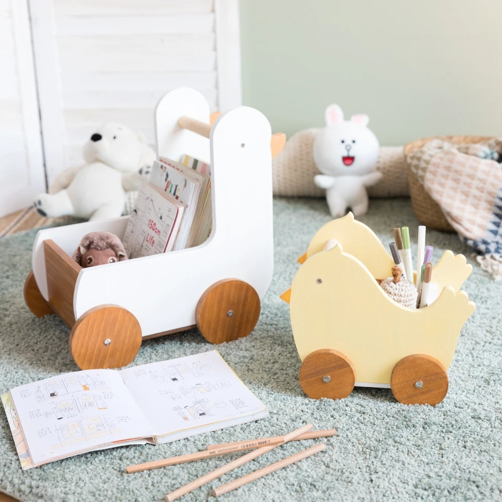 Wooden Animal Storage Cart – Cute Duck & Chick Organizer for Kids Room Decor