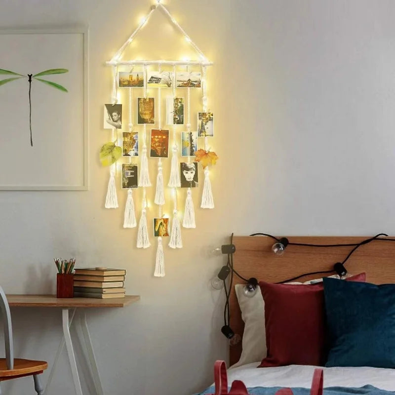 Boho Macrame Photo Display Wall Hanging – Picture Collage Board with Lights & Clips