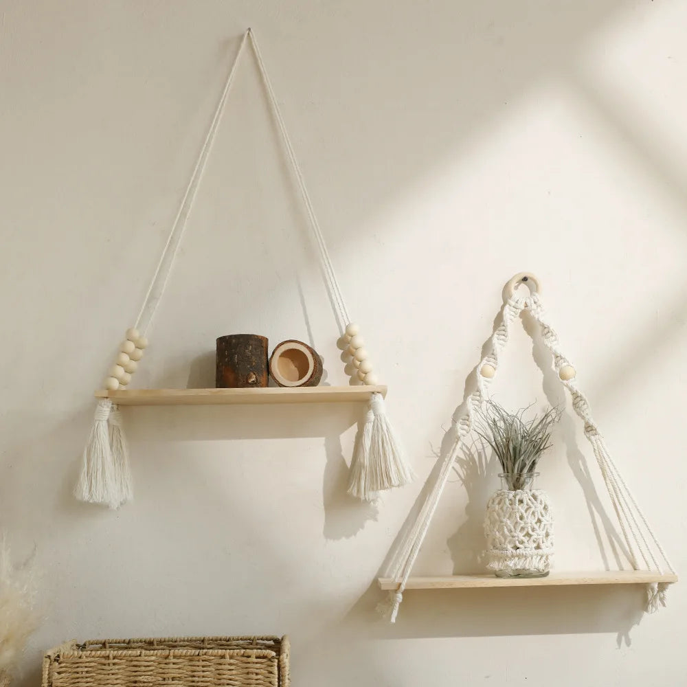 Hanging Wooden Wall Shelf with Beaded Design – Boho Rope Floating Display Shelf