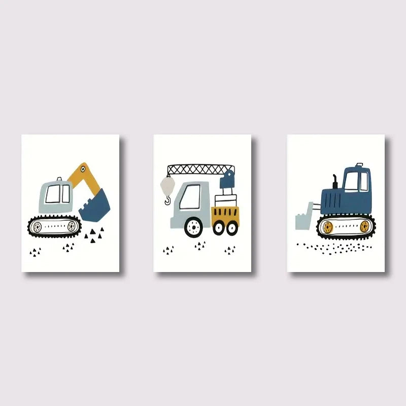3-Piece Construction Vehicle Wall Art Set – Crane, Excavator & Tractor Canvas Prints