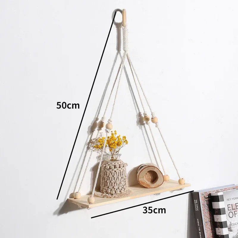 Macrame Wooden Wall Shelf – Decorative Floating Shelf & Plant Holder