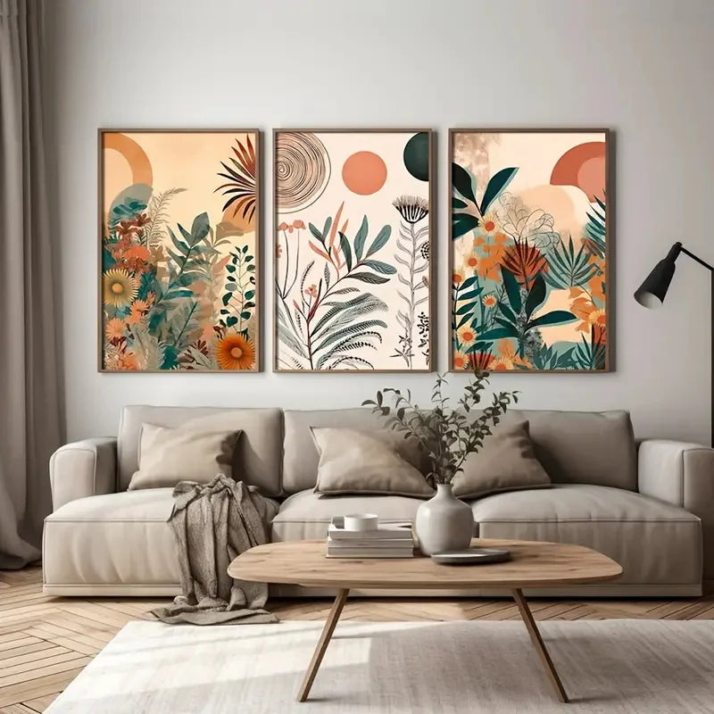 3-Piece Boho Floral Canvas Wall Art – Mid Century Modern Posters