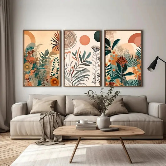 3-Piece Boho Floral Canvas Wall Art – Mid Century Modern Posters