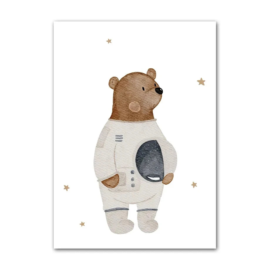 Boho Cartoon Animal Canvas Wall Art – Bear, Panda & Mouse Nursery Prints