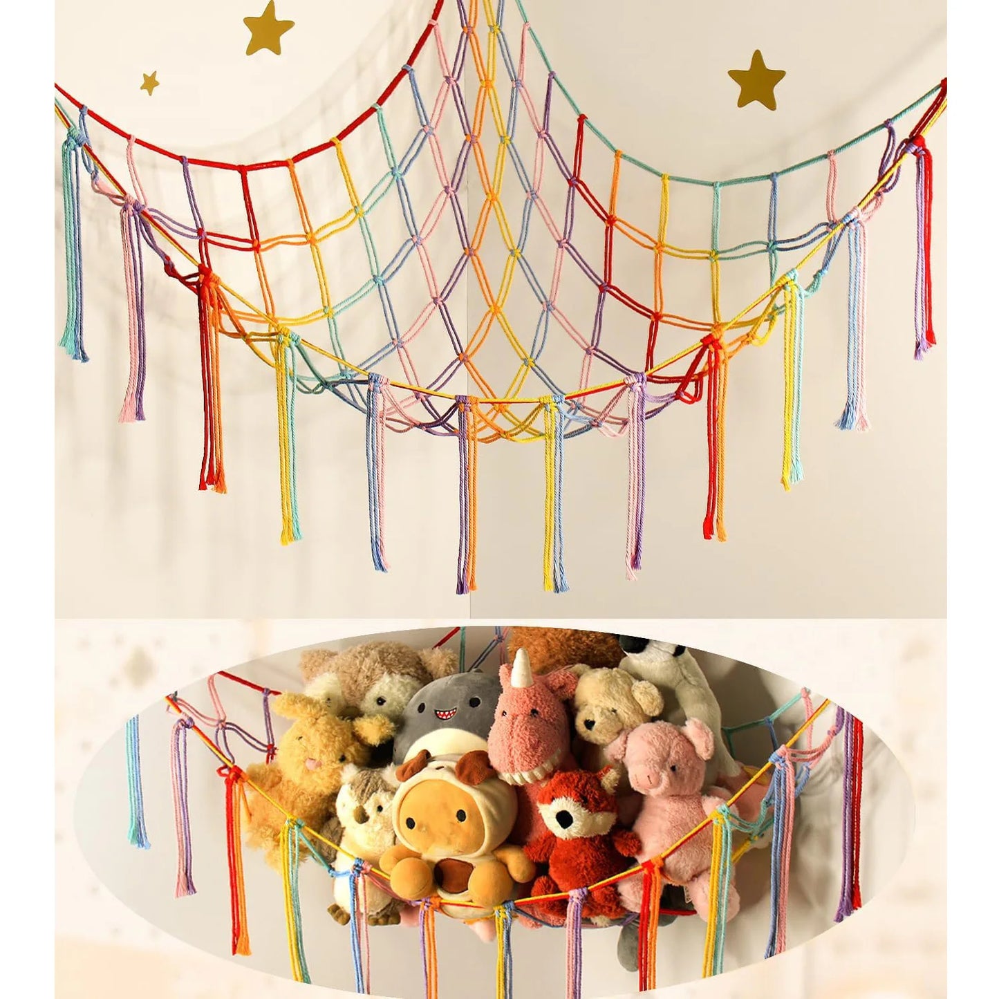 Boho Stuffed Animal Net Hammock – Macrame Corner Toy Storage Organizer